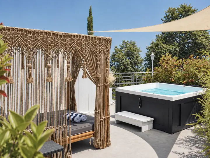 Aegean Spa Suite with indoor jacuzzi, sauna and rooftop jacuzzi, sea view – private rooftop garden with outdoor heated jacuzzi and macramé daybed · Panorama Suites & Spa, Stomio