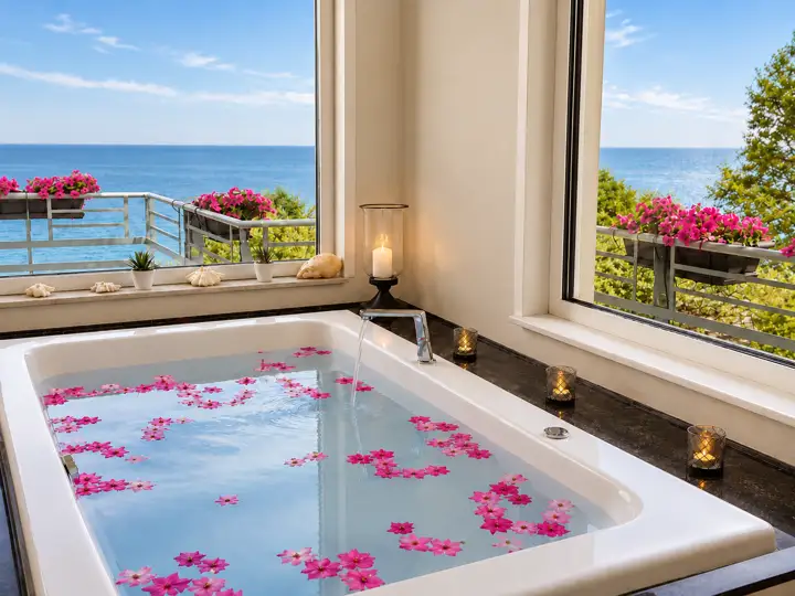 Blue Sky Suite with rooftop heated jacuzzi and sea-view hot tub – hot tub with flower petals and candles overlooking the sea · Panorama Suites & Spa, Stomio