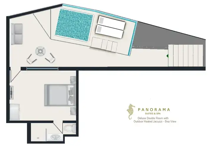 Sea Breeze Double Room with outdoor heated jacuzzi, sea view – floor plan · Panorama Suites & Spa, Stomio