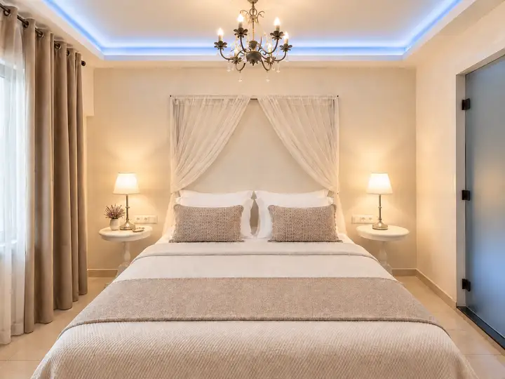 Sea Breeze Double Room with outdoor heated jacuzzi, sea view – double bed with chandelier and sheer canopy drapes · Panorama Suites & Spa, Stomio