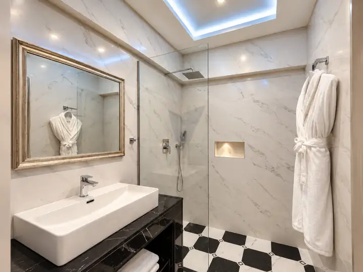 Sea Breeze Double Room with outdoor heated jacuzzi, sea view – marble bathroom with walk-in rain shower · Panorama Suites & Spa, Stomio