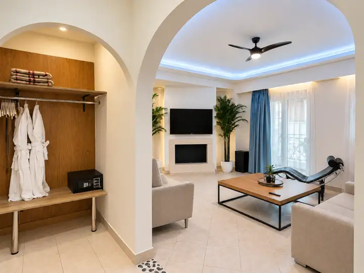 Ethereal Suite with indoor jacuzzi and fireplace – living room with fireplace and lounge chair seen through an arch · Panorama Suites & Spa, Stomio