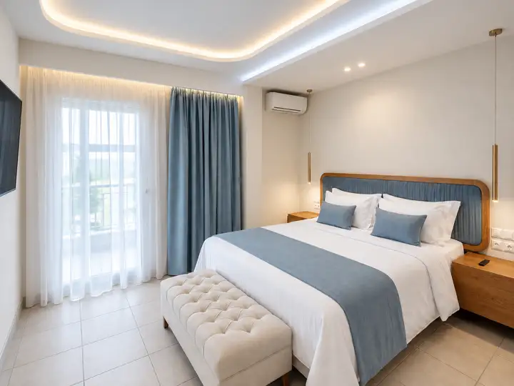 Ethereal Suite with indoor jacuzzi and fireplace – bedroom with double bed, pendant lights and balcony door · Panorama Suites & Spa, Stomio