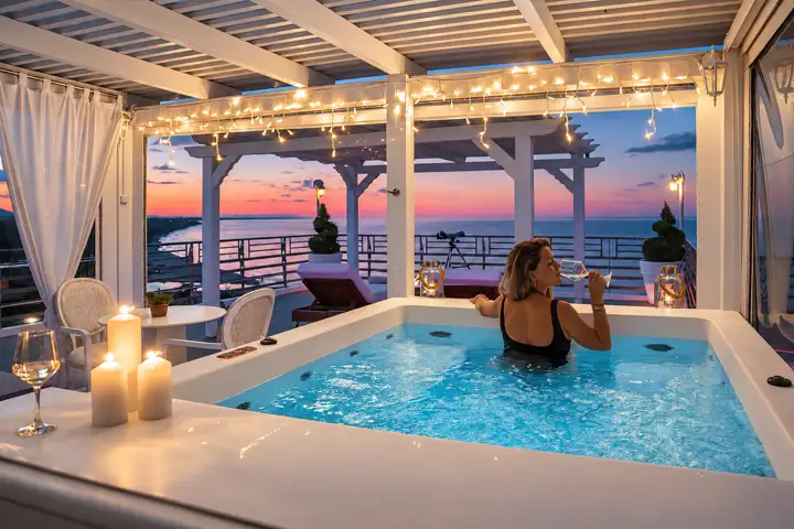 Master Sky Suite with heated jacuzzi, sauna and rooftop terrace, sea view – relaxing in the heated jacuzzi at sunset with a glass of wine · Panorama Suites & Spa, Stomio