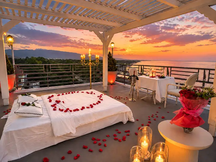 Master Sky Suite with heated jacuzzi, sauna and rooftop terrace, sea view – romantic sunset set-up on the terrace with rose petals and candlelit dinner · Panorama Suites & Spa, Stomio