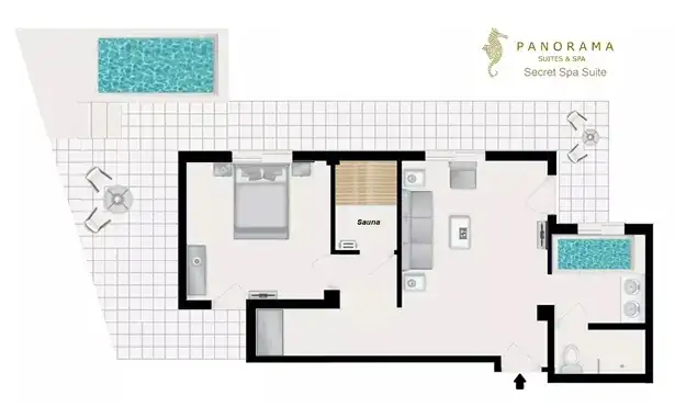 Secret Spa Suite with outdoor heated jacuzzi, fireplace and sauna, sea view – floor plan · Panorama Suites & Spa, Stomio
