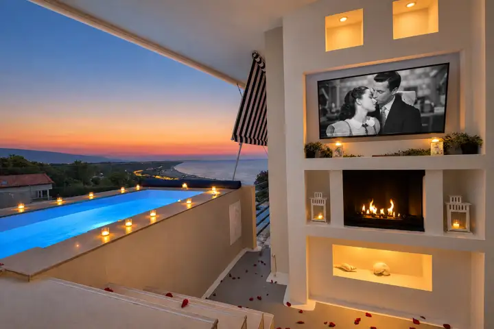 Secret Spa Suite with outdoor heated jacuzzi, fireplace and sauna, sea view – romantic evening on the terrace with candles, rose petals and lit jacuzzi · Panorama Suites & Spa, Stomio