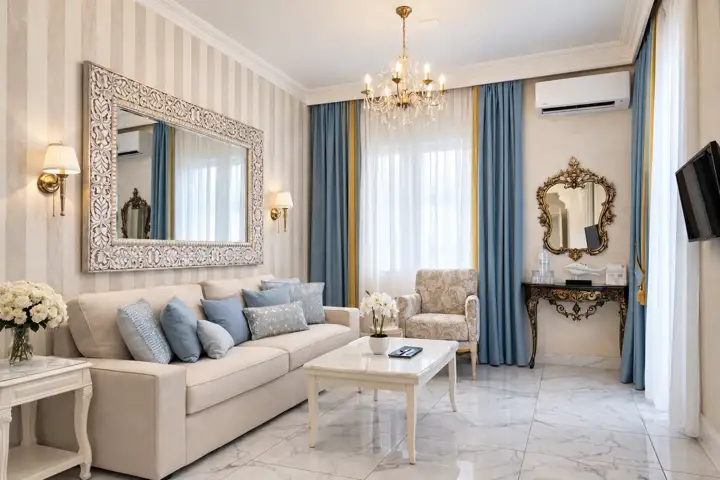 Secret Spa Suite with outdoor heated jacuzzi, fireplace and sauna, sea view – living room with marble floors, chandelier and sofa · Panorama Suites & Spa, Stomio