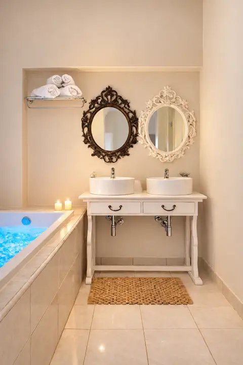 Secret Spa Suite with outdoor heated jacuzzi, fireplace and sauna, sea view – spa bath with double vanity and ornate mirrors · Panorama Suites & Spa, Stomio