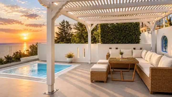 Sunrise Suite with two bedrooms, heated infinity pool and jacuzzi, sea view – pool terrace at sunset with wicker lounge · Panorama Suites & Spa, Stomio